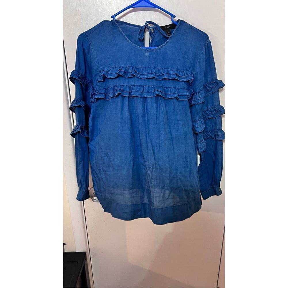 J. Crew Women's Tiered Ruffle Long Sleeve Tie Back Keyhole Top Blouse Blue 2
